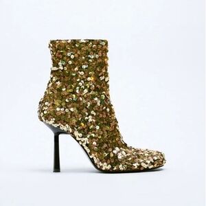 Zara FW2021 Gold Sequinned High Heel Ankle Boots